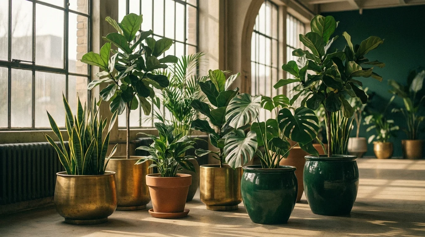 Snake plant, fiddle leaf fig and monstera in brass and green ceramic planters by a bright window